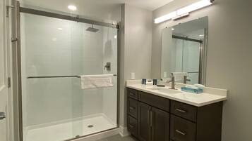 Shower, towels, soap, shampoo