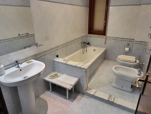 Shower, hair dryer, bidet, towels
