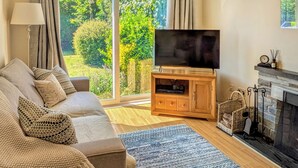 A living room with a sofa, TV, fireplace, and a view of greenery. - A great, three-bedroom bungalow, with front and back gardens. (Warbstow, near Crackington Haven)