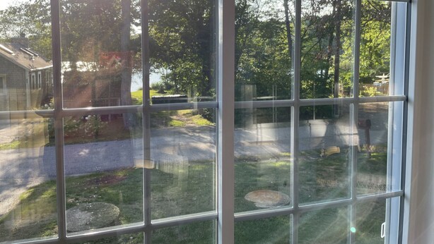 Blick durch ein Fenster mit Gittermuster, der einen Garten mit Rasen, einem Baum und einem Haus im Hintergrund zeigt.