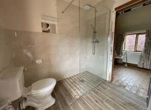 Shower, towels, soap, shampoo