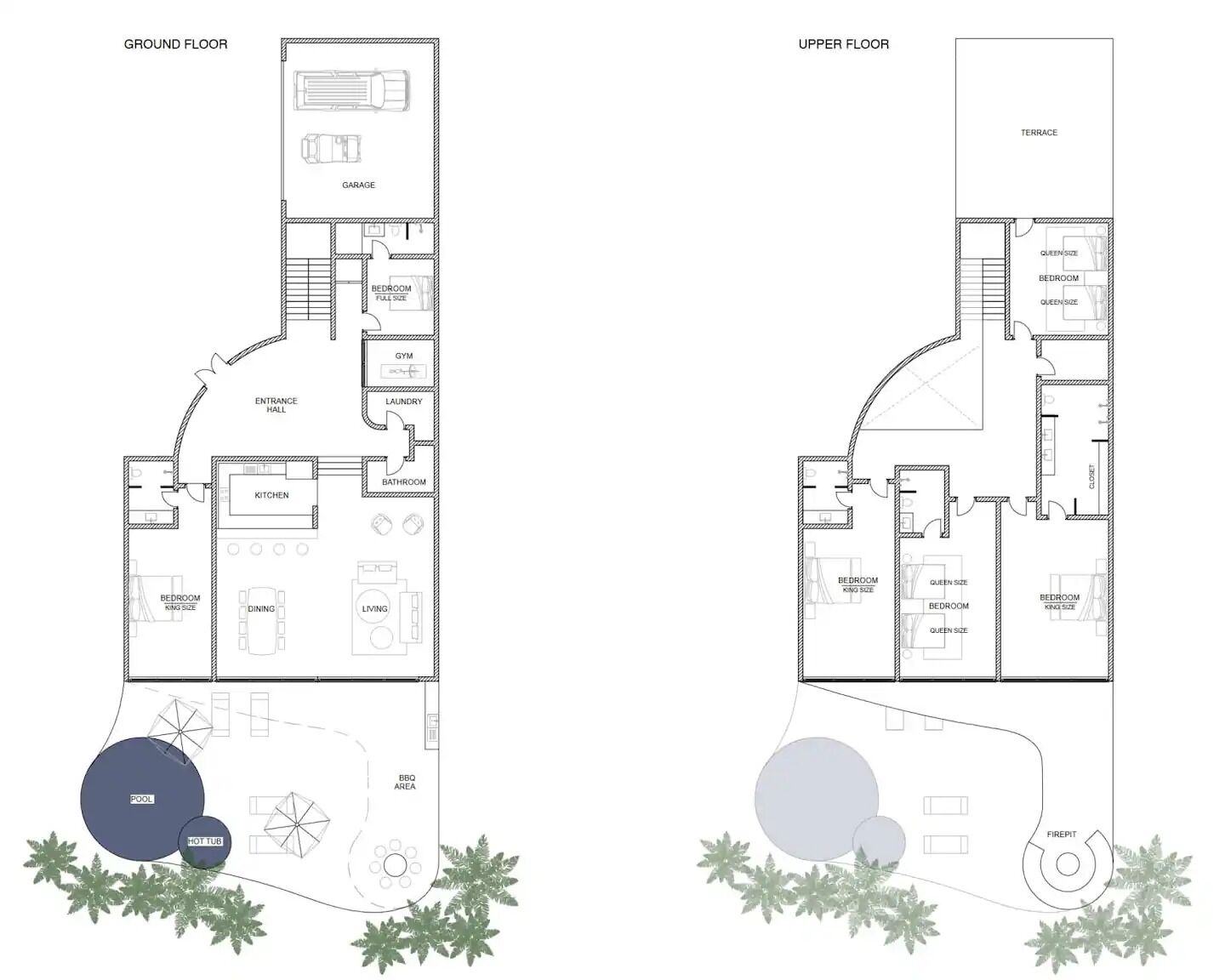 A floor plan of a house with two floors, including a ground floor with a garage, kitchen, dining area, living room, bedrooms, bathroom, and a pool area. The upper floor has a terrace, bedrooms, and a bathroom.