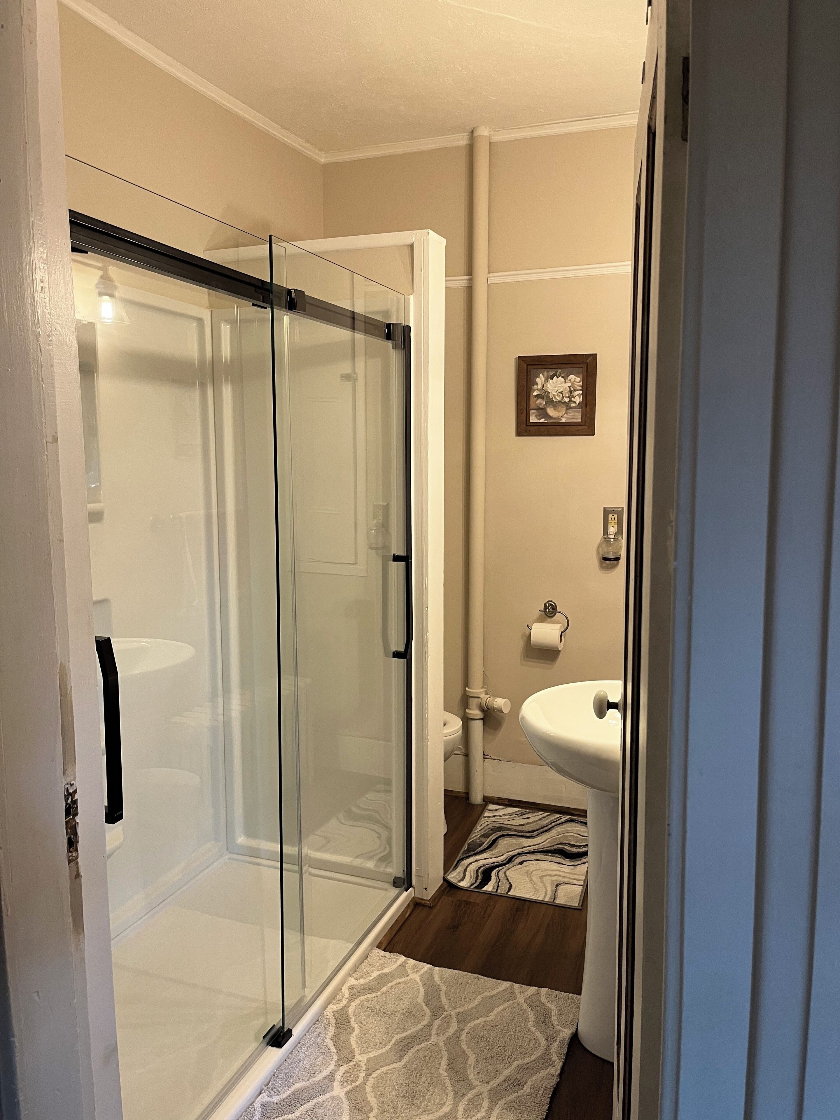 Ein Badezimmer mit Duschkabine aus Glas, Toilette, Waschbecken und einem gemusterten Teppich.