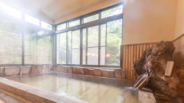Un baño de aguas termales con bancos de madera y una escultura de madera.