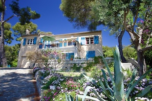 A two-story building with a stone pathway leading to the entrance, surrounded by lush greenery and flowering plants.