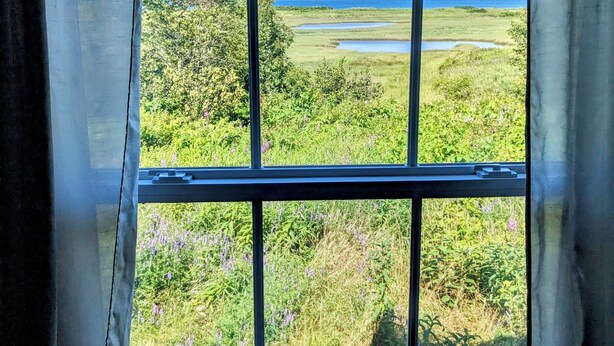 A window with a view of a natural landscape, including a body of water and greenery. - Cozy two bedroom home with ocean view. Quiet and secluded location.  (Lubec)