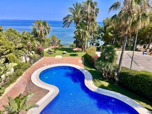 Ein Pool mit geschwungener Kante, umgeben von üppiger Vegetation und Palmen, mit Blick auf den Ozean.