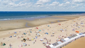 A wide beach with numerous sunbeds and umbrellas, a clear sky, and a calm sea. - Cozy apartment in Oostende with WiFi (Oostende)