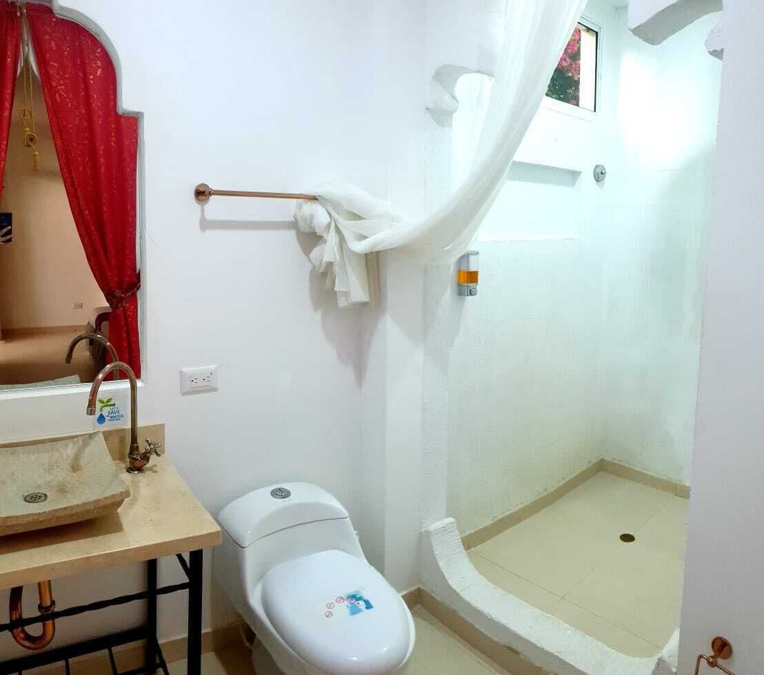 A small bathroom with a toilet, sink, and shower.
