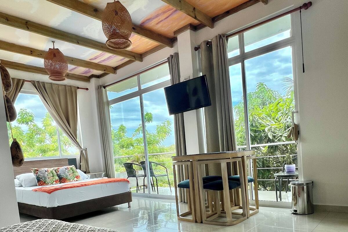 A spacious room with a large bed, a flat-screen TV, and a balcony with a view of greenery.