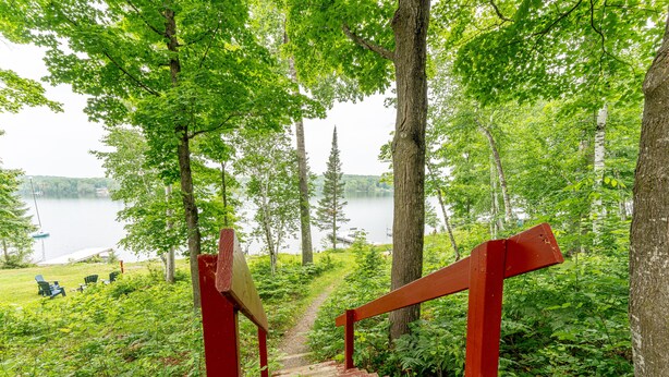 A wooden staircase leading to a lake surrounded by trees. - Lone Pine: S'mores, Sunshine, and Stanley Lake Days (Iron River)