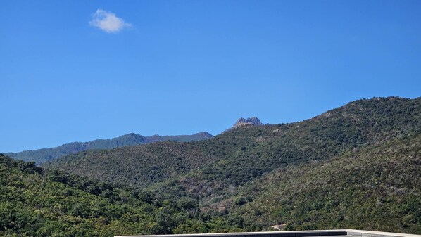 A mountainous landscape with dense vegetation and a clear sky.