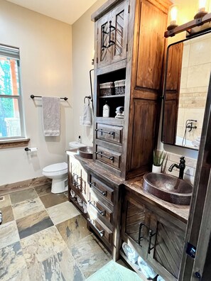 Hair dryer, towels, soap, shampoo