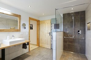 Shower, hair dryer, towels