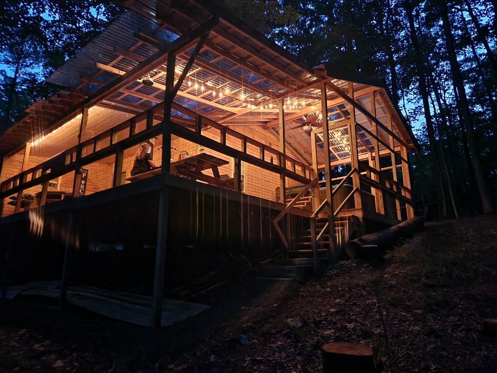 A wooden cabin with a glass roof, surrounded by trees.
