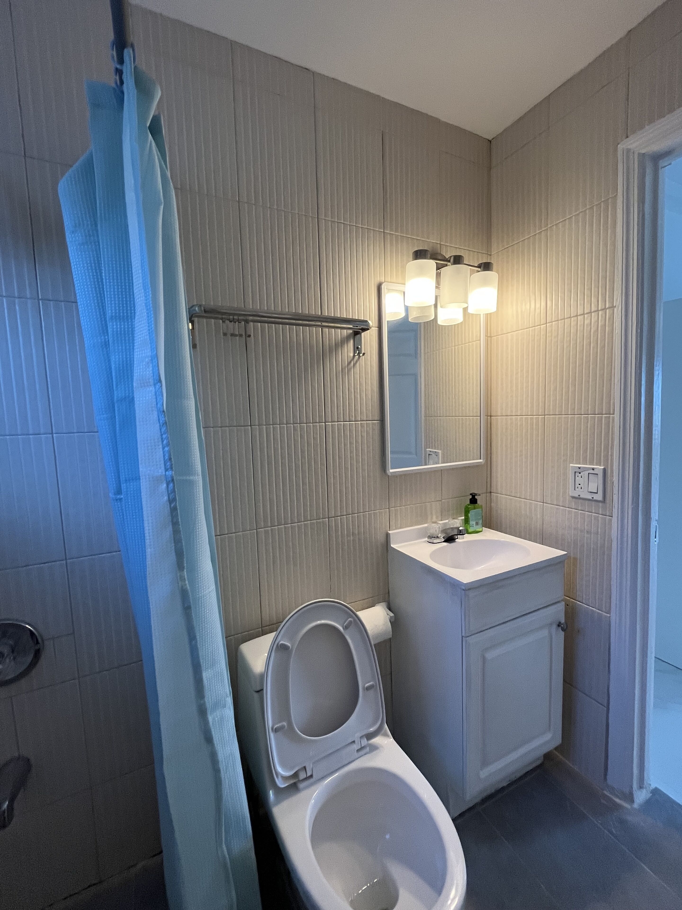 Baño con inodoro, lavamanos, espejo y cortina de ducha.