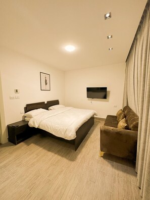 A bedroom with a bed, bedside table, TV, and a couch.