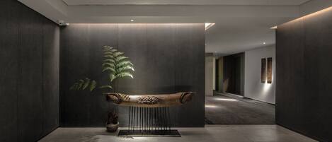 A modern interior with a dark-toned reception area, a wooden bench with a decorative bowl, and a potted fern.