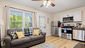 A modern kitchen with stainless steel appliances, a grey sofa with patterned cushions, and large windows with curtains. - Peaceful Woodland Cottage Near Hendersonville (Hendersonville)