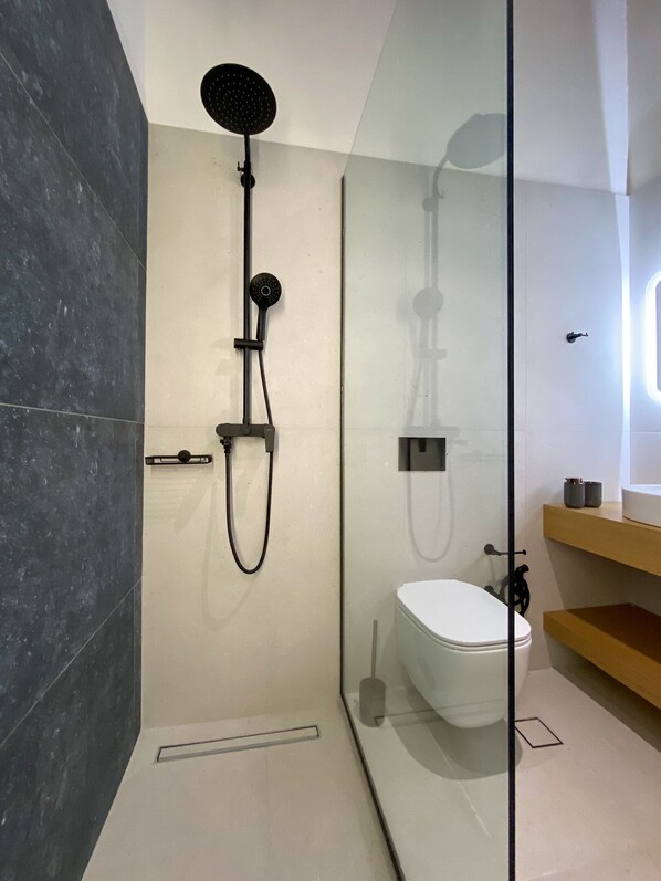 Hair dryer, towels, soap, shampoo