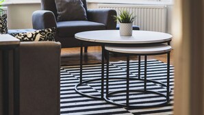 A cozy living room with a sofa, a round coffee table, and a potted plant. - Super 1 bed flat in Muswell hill with private garden (London)
