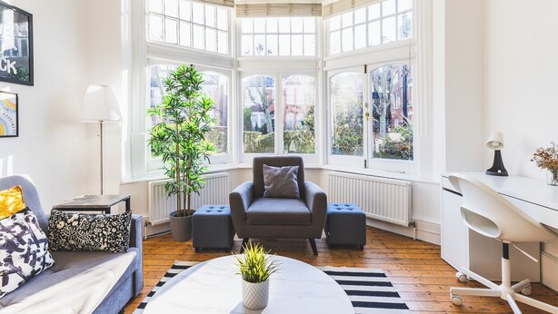 A bright room with a bay window, a sofa, a desk, and a potted plant. - Super 1 bed flat in Muswell hill with private garden (London)