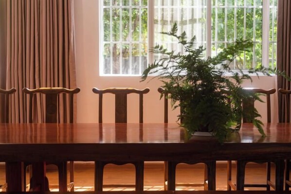 A dining table with chairs, a potted plant, and a window with vertical blinds.