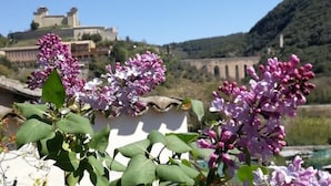 Une vue de fleurs de lilas au premier plan, avec un bâtiment historique et un pont en arrière-plan.