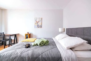 1 bedroom, desk, iron/ironing board, travel cot