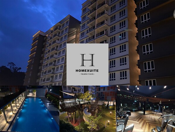 A multi-story hotel with a swimming pool, outdoor seating, and a gym.