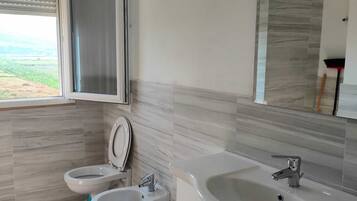 Dusche, Bidet, Handtücher, Seife