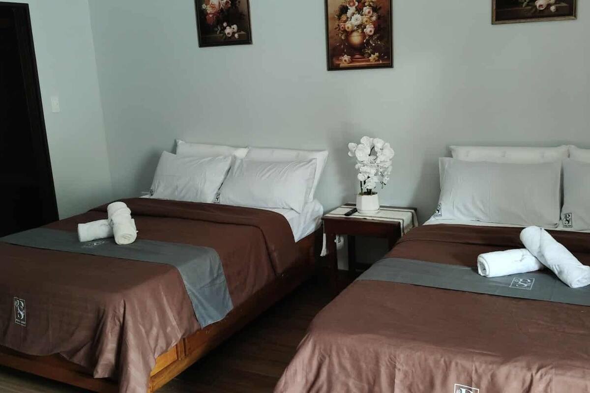 A hotel room with two beds, each with a brown bedspread and white pillows. There are two nightstands with lamps and a vase of white flowers on one nightstand.