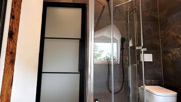 A modern bathroom with a glass-enclosed shower, a white sink, and a wooden floor.