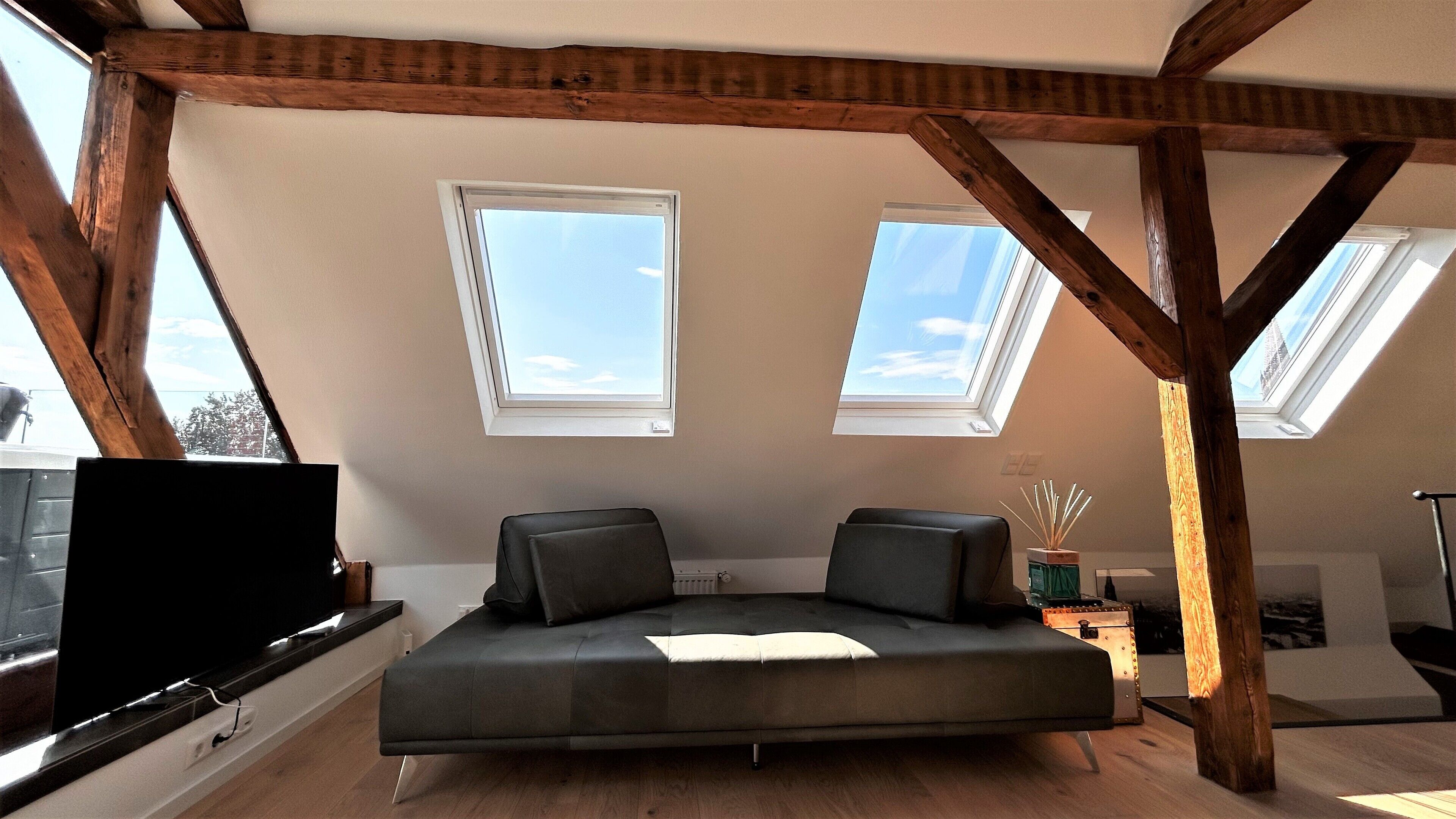 Un dormitorio tipo loft con sofá cama, tragaluces, vigas de madera y televisor.