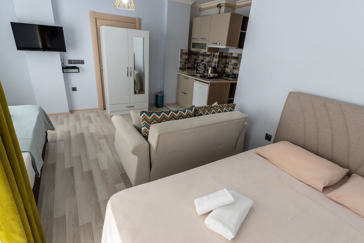 Habitación de hotel con cama, sofá, televisión, kitchenette y baño.