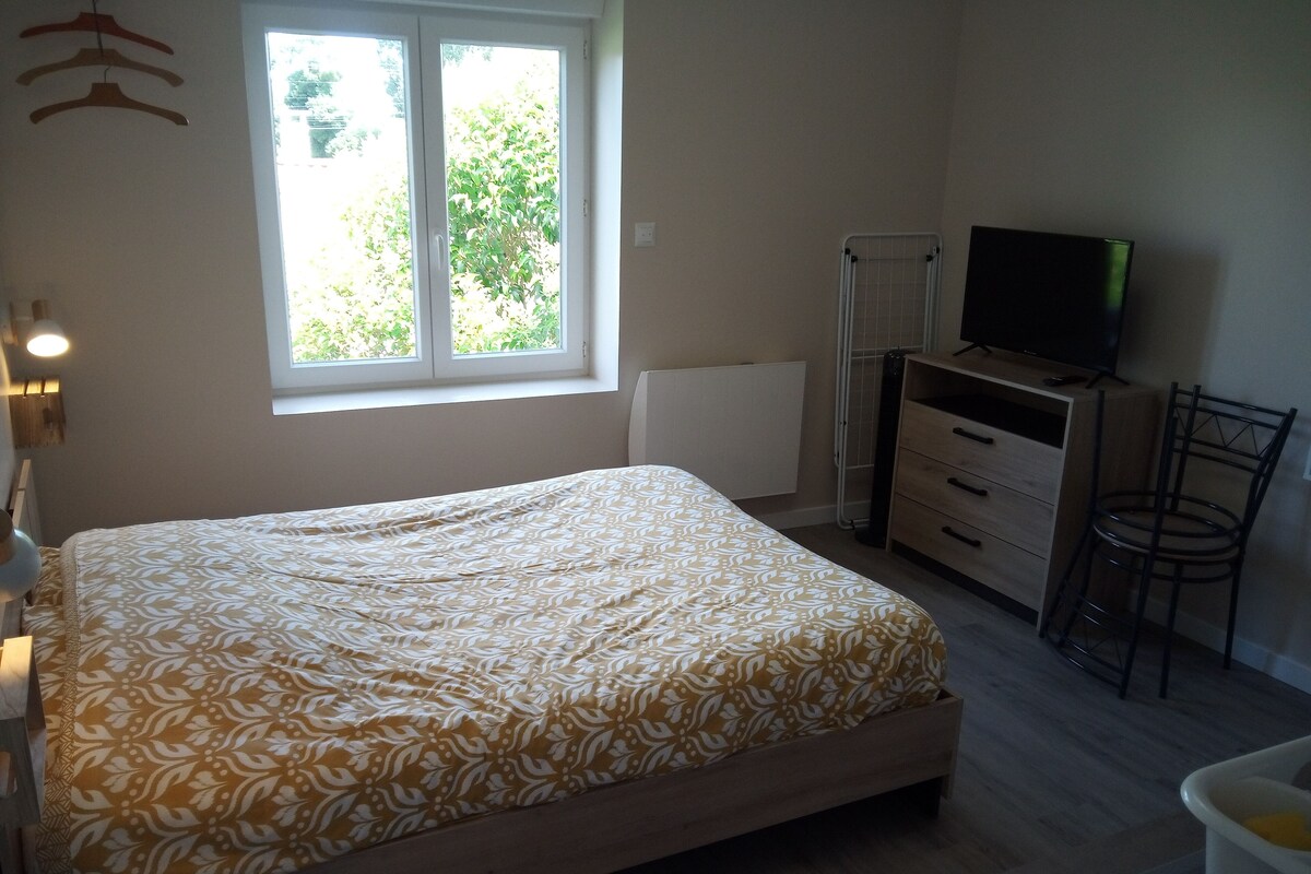 A bedroom with a bed, a window, a radiator, a TV, a chair, and a small table.