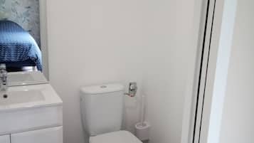 A small, clean bathroom with a white toilet, a sink, and a mirror.