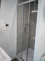 Shower, rainfall showerhead, hair dryer, towels