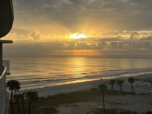 A beach view with the sun setting over the ocean, palm trees, and a boardwalk.