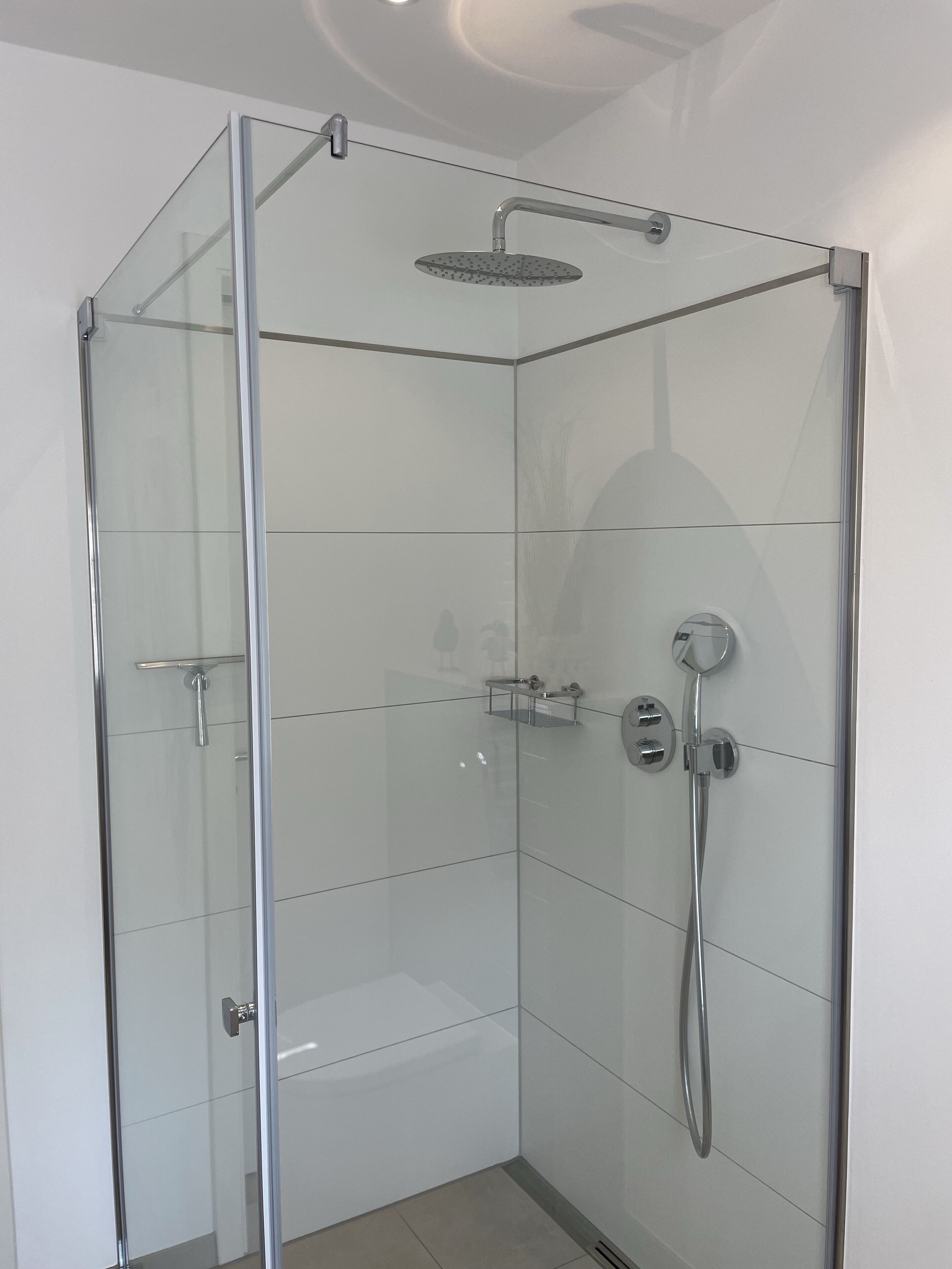 Un box de ducha moderno con puerta de cristal, un cabezal de ducha de mano y un grifo empotrado en la pared.
