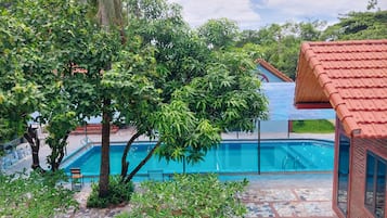 Kolam renang outdoor, dengan payung kolam renang dan kursi berjemur