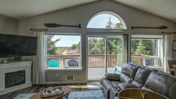 TV connectée, cheminée, livres