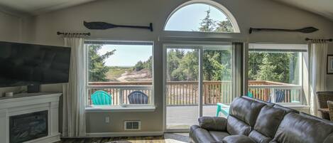 Smart TV, fireplace, books