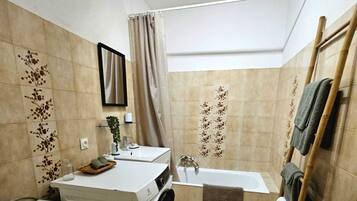 Hair dryer, towels, toilet paper