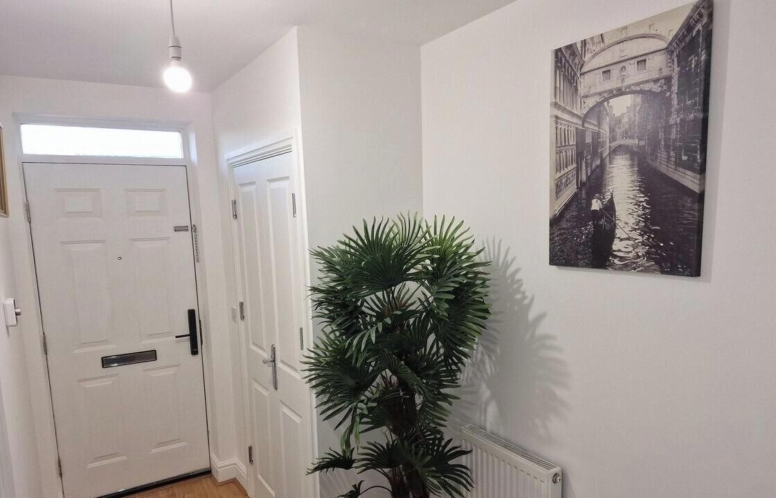 A hallway with a white door, a potted plant, and a black and white painting of a canal.