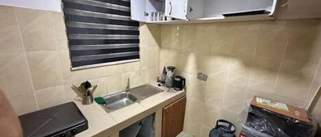 Fridge, microwave, stovetop, electric kettle