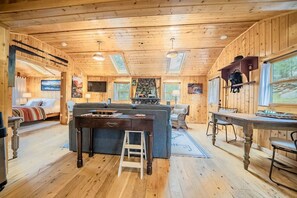 TV, fireplace, books