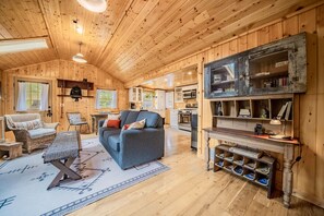 Una televisión, una chimenea, libros