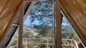 Vista desde un balcón con barandilla de metal, con vista a una zona residencial con casas y árboles.