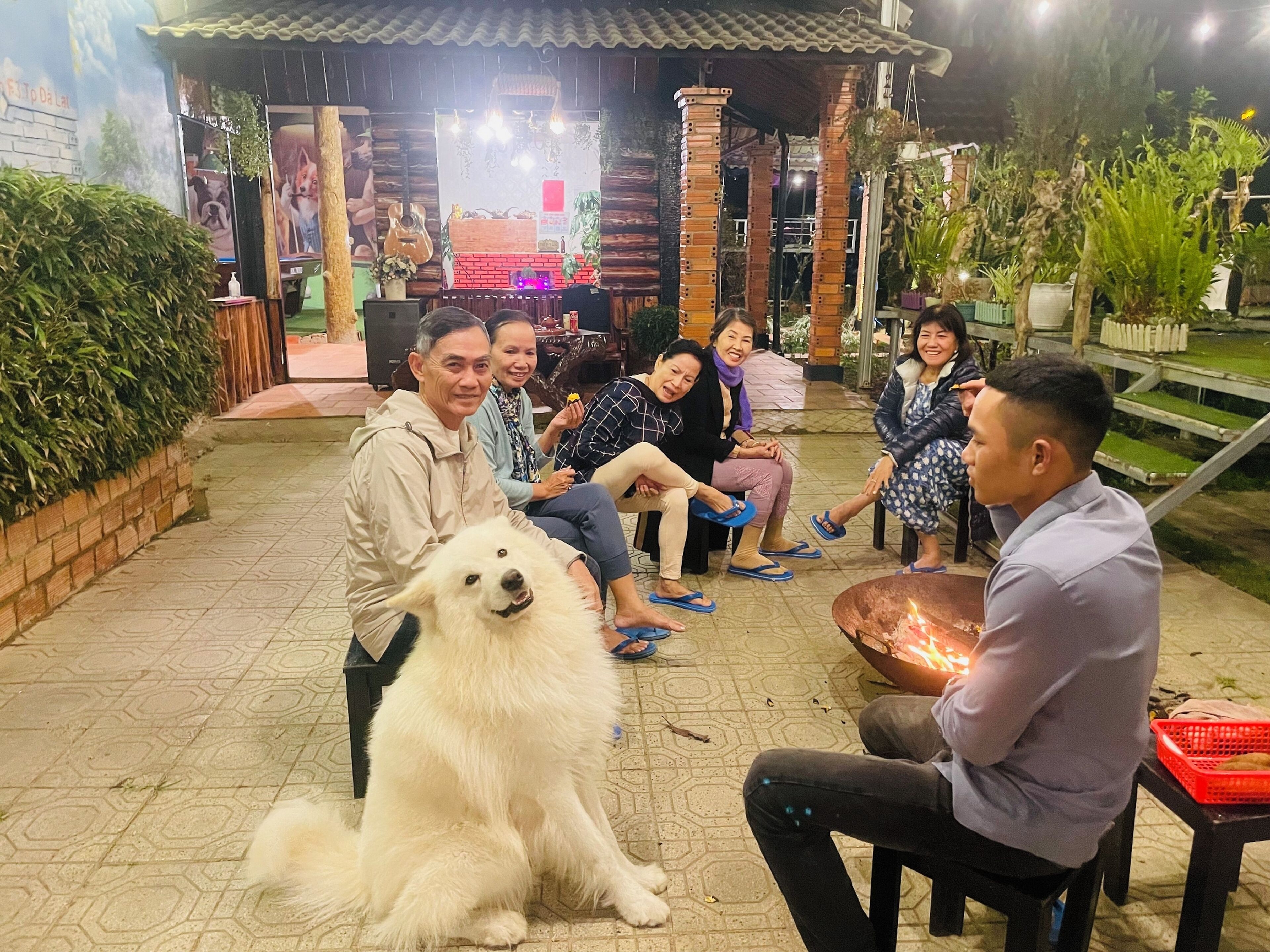 A group of people sitting outdoors with a large white dog in the center.
